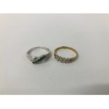 9CT. WHITE GOLD RING SET WITH FIVE GREEN STONES ALONG WITH A 9CT.