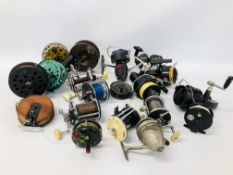 20 VARIOUS VINTAGE FISHING REEL TO INCLUDE MITCHELLS, PENN AND CENTRE PINS ETC.