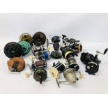 20 VARIOUS VINTAGE FISHING REEL TO INCLUDE MITCHELLS, PENN AND CENTRE PINS ETC.