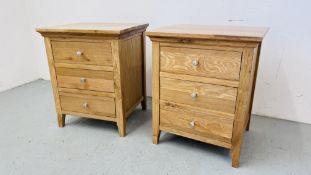PAIR OF MODERN LIGHT OAK THREE DRAWER BEDSIDE CHESTS