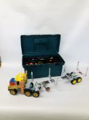 A MECCANO MODEL OF A LORRY WITH BUILT TWIN ELECTRIC MOTORS ALONG WITH TOOL BOX CONTAINING MECCANO