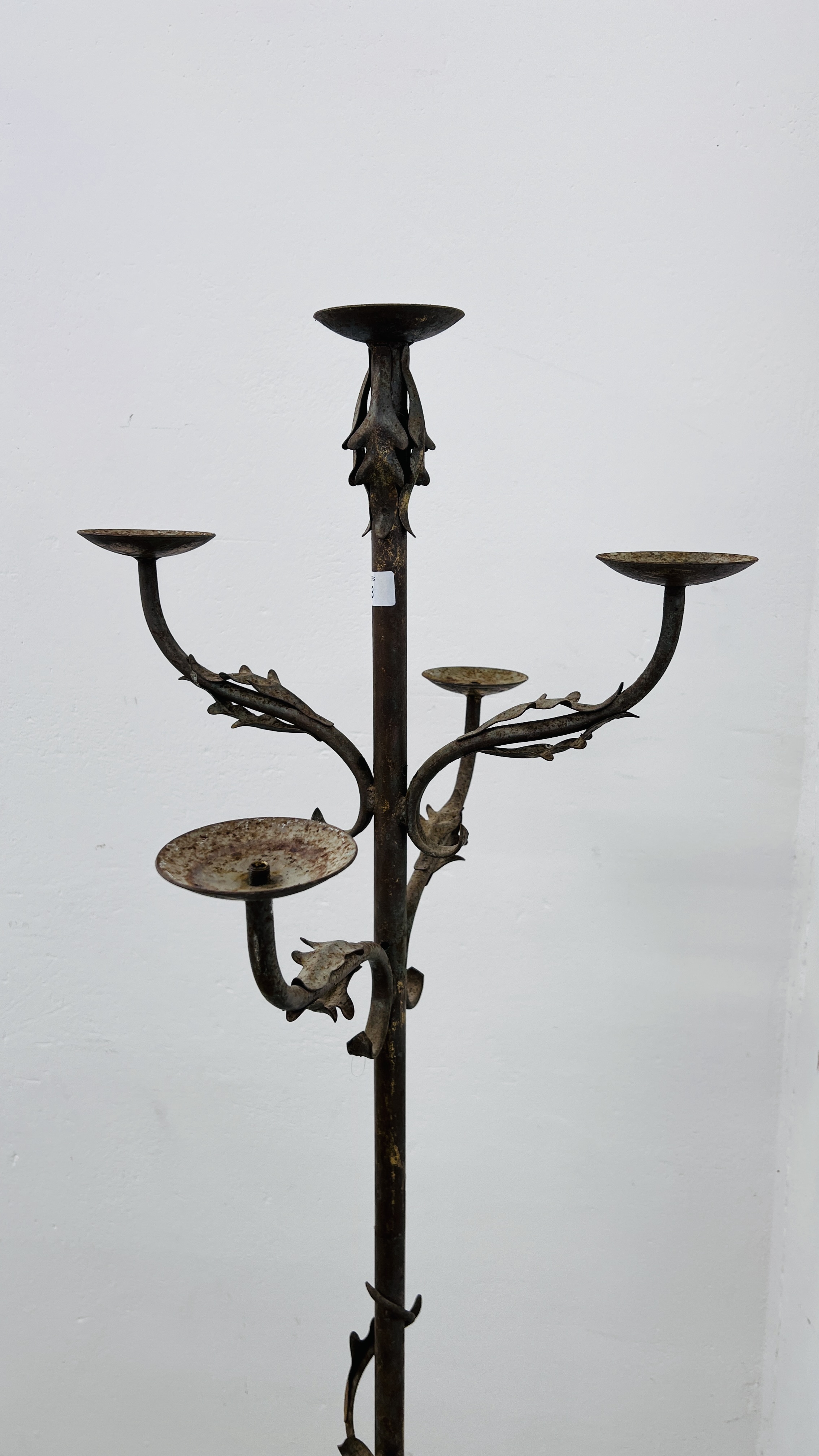 AN ARTS AND CRAFTS STYLE FIVE BRANCH STANDARD CANDELABRA H 146CM. - Image 3 of 6