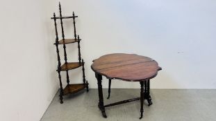 A VICTORIAN FOUR TIER INLAID CORNER WOT-NOT ALONG WITH A VICTORIAN GATELEG OCCASIONAL TABLE WITH