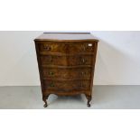 A REPRODUCTION QUEEN ANNE STYLE BURR WALNUT FINISH FOUR DRAWER SERPENTINE CHEST WIDTH 77CM.