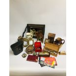 BOX OF COLLECTIBLES TO INCLUDE COINAGE, COSTUME EARRINGS, DOULTON LAMBETH JUG A/F, MIRROR,