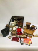 BOX OF COLLECTIBLES TO INCLUDE COINAGE, COSTUME EARRINGS, DOULTON LAMBETH JUG A/F, MIRROR,