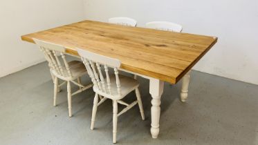 A LARGE TRADITIONAL FARM HOUSE DINING TABLE WITH NATURAL OAK FINISH TOP,