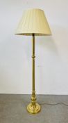 BRASS STANDARD LAMP AND PLEATED SHADE - SOLD AS SEEN.