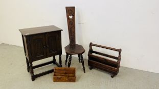AN ANTIQUE CARVED WOODEN SPINNING CHAIR, A SMALL OLD CHARM STYLE TWO DOOR HUTCH,