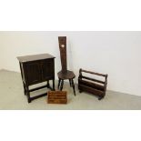 AN ANTIQUE CARVED WOODEN SPINNING CHAIR, A SMALL OLD CHARM STYLE TWO DOOR HUTCH,