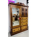 EDWARDIAN TWO DOOR FIVE DRAWER WARDROBE WITH MIRRORED PANEL AND CARVED DETAIL W 146CM, H 215CM,