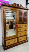 EDWARDIAN TWO DOOR FIVE DRAWER WARDROBE WITH MIRRORED PANEL AND CARVED DETAIL W 146CM, H 215CM,