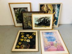 A GROUP OF FRAMED ARTWORK TO INCLUDE STILL LIFE STUDY "DAFFODILS" INDISTINCT SIGNATURE (POSSIBLY