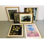 A GROUP OF FRAMED ARTWORK TO INCLUDE STILL LIFE STUDY "DAFFODILS" INDISTINCT SIGNATURE (POSSIBLY