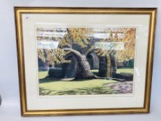 AN ORIGINAL WATERCOLOUR BEARING SIGNATURE RAY CANHAM "THE RUIN OF THE GUEST HALL GATE" UPPER CLOSE