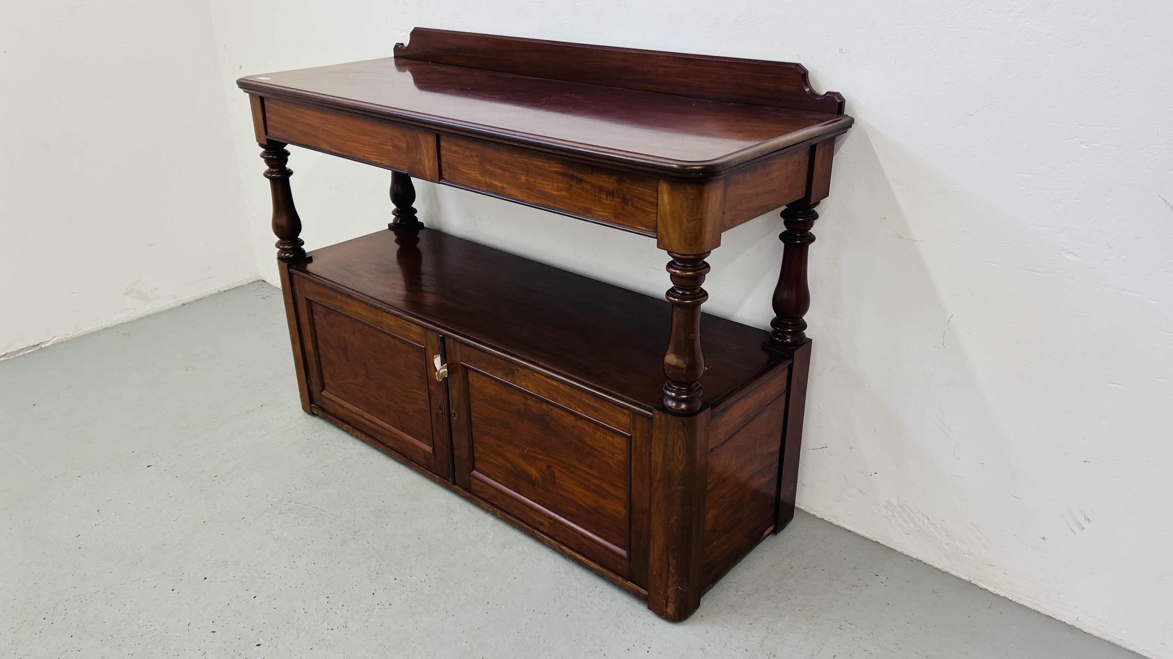 A VICTORIAN MAHOGANY TWO DOOR, TWO DRAWER BUFFET - WIDTH 148CM. DEPTH 53CM. HEIGHT 105CM. - Image 2 of 14