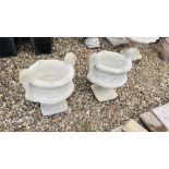 A PAIR OF STONEWORK TWIN HANDLED PEDESTAL GARDEN PLANTERS HEIGHT 55CM.