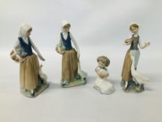 4 X VARIOUS NAO ORNAMENTS TO INCLUDE A YOUNG GIRL CRADLING A DUCK