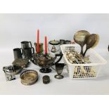 BOX OF ASSORTED PLATED WARE TO INCLUDE BISCUIT BARREL, TANKARDS, ETC.