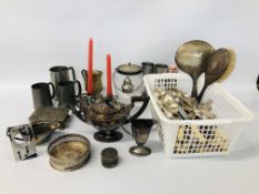 BOX OF ASSORTED PLATED WARE TO INCLUDE BISCUIT BARREL, TANKARDS, ETC.