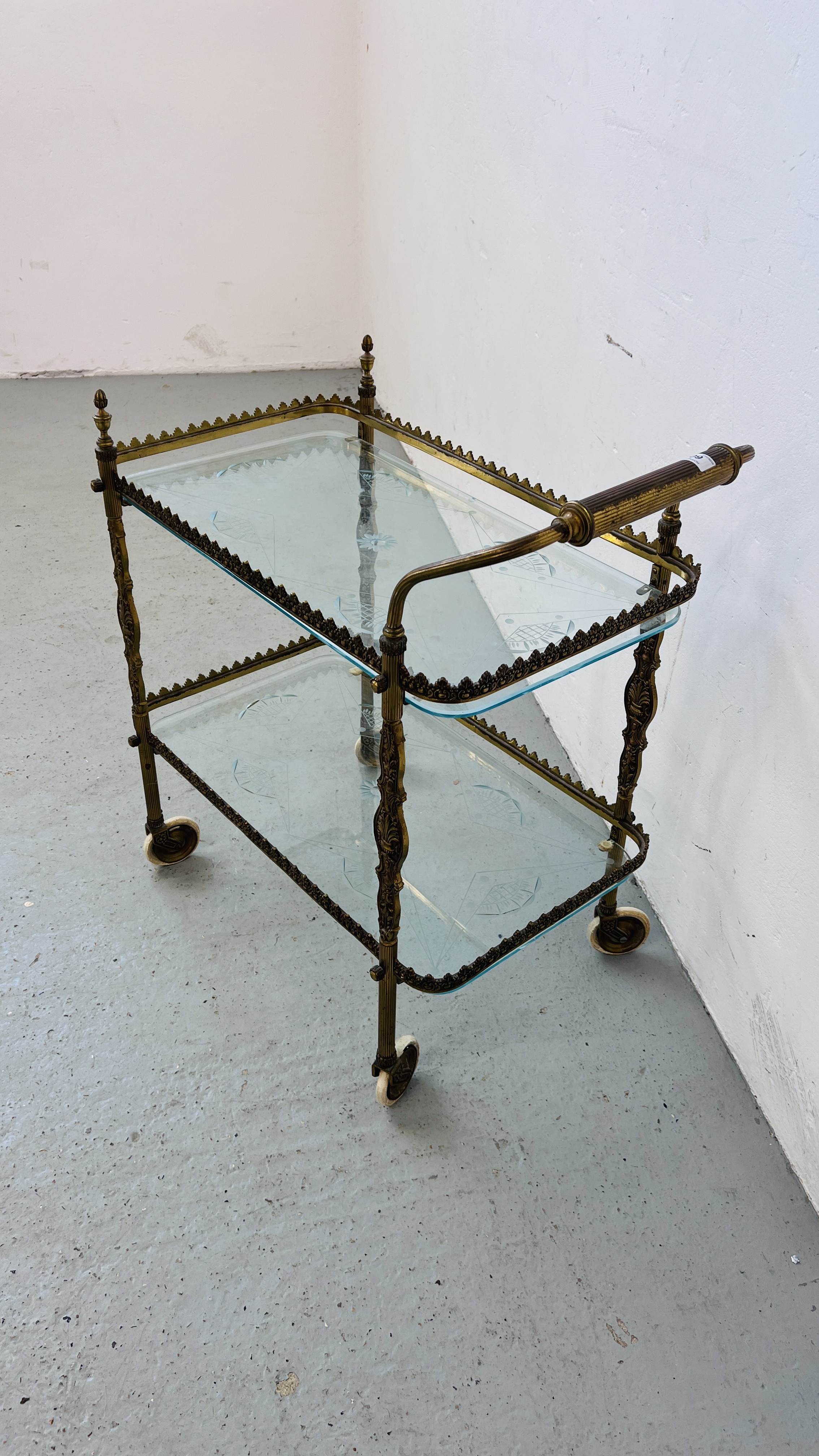 ORNATE BRASSED TWO TIER TROLLEY WITH ETCHED GLASS SHELVES - Image 7 of 7