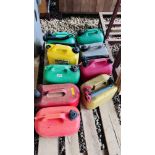 9 VARIOUS PLASTIC AND METAL FUEL CANS.