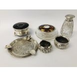 COLLECTION OF SILVER TO INCLUDE SILVER AND TORTOISESHELL TRINKET BOX AND ONE OTHER, TWO SALTS,