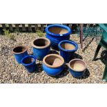 7 X ASSORTED BLUE GLAZED GARDEN PLANTERS.