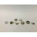 COLLECTION OF EIGHT ASSORTED SILVER DESIGNER DRESS RINGS.