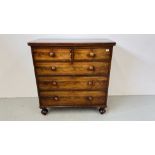 A VICTORIAN MAHOGANY TWO OVER THREE CHEST OF DRAWERS TURNED FRUITWOOD KNOBS WIDTH 107CM. DEPTH 53CM.