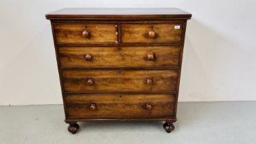 A VICTORIAN MAHOGANY TWO OVER THREE CHEST OF DRAWERS TURNED FRUITWOOD KNOBS WIDTH 107CM. DEPTH 53CM.