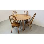 A SET OF FOUR ERCOL HOOP BACK DINING CHAIRS AND ERCOL DROP FLAP DINING TABLE.