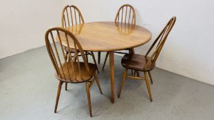 A SET OF FOUR ERCOL HOOP BACK DINING CHAIRS AND ERCOL DROP FLAP DINING TABLE.