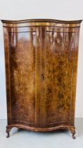 A REPRODUCTION QUEEN ANNE STYLE BURR WALNUT FINISH SERPENTINE FRONT DOUBLE WARDROBE HEIGHT 200CM.