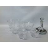 TWO PAIRS OF DARTINGTON DRINKING GLASSES AND THREE DARTINGTON BOWLS AND A DECANTER WITH PLATED