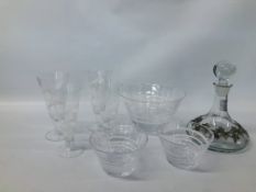 TWO PAIRS OF DARTINGTON DRINKING GLASSES AND THREE DARTINGTON BOWLS AND A DECANTER WITH PLATED