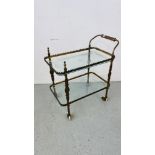 ORNATE BRASSED TWO TIER TROLLEY WITH ETCHED GLASS SHELVES