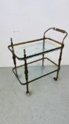 ORNATE BRASSED TWO TIER TROLLEY WITH ETCHED GLASS SHELVES