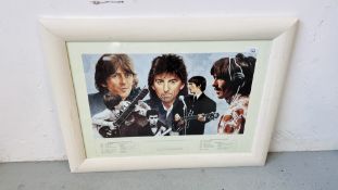 A FRAMED GEORGE HARRISON COMMEMORATIVE PRINT 49CM X 69CM AND FRAMED BEATLES STATUE PRINT 45CM X