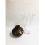 A LARGE GLASS DESIGNER VASE HEIGHT 55CM. AND ONE OTHER TERRACOTTA VASE 27CM DIA.