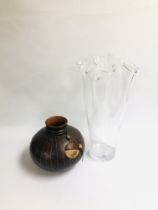 A LARGE GLASS DESIGNER VASE HEIGHT 55CM. AND ONE OTHER TERRACOTTA VASE 27CM DIA.