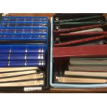 TWO PLASTIC CARTONS OF SECOND HAND STAMP AND COVER ALBUMS, GIBBONS, PRINZ DUCHY (4), STOCKBOOKS,