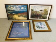 3 X FRAMED MONET PRINTS ALONG WITH A FRAMED HAND TINTED PRINT DEPICTING YOUNG LADIES UPON A BOAT