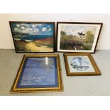 3 X FRAMED MONET PRINTS ALONG WITH A FRAMED HAND TINTED PRINT DEPICTING YOUNG LADIES UPON A BOAT