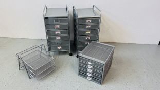 TWO SIX DRAWER OFFICE STORAGE TRAYS ON WHEELED BASE ALONG WITH FURTHER OFFICE STORAGE