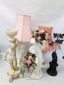 HARDSTONE LAMP BASE WITH GILT DETAIL AND PINK SHADE AND ONE OTHER ALONG WITH TWO STATUES AND