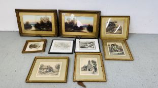 A PAIR OF c1900 OIL ON BOARD LANDSCAPE SCENES, FOUR FRAMED HENRY WALKER COLOURED ENGRAVINGS,