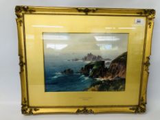 JOHN SHAPLAND "LANDS END FROM THE EAST" FRAMED WATERCOLOUR WIDTH 35CM. HEIGHT 26CM.