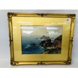 JOHN SHAPLAND "LANDS END FROM THE EAST" FRAMED WATERCOLOUR WIDTH 35CM. HEIGHT 26CM.