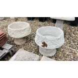 A PAIR OF STONEWORK SHALLOW PEDESTAL GARDEN PLANTERS DIAMETER 40CM, HEIGHT 40CM.